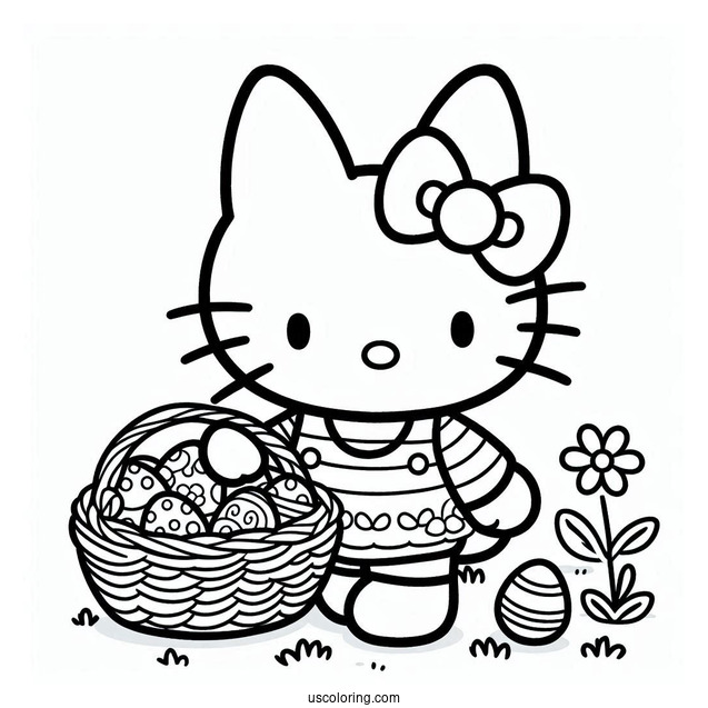 Hello Kitty In Easter Bunny Coloring Page Costume Carrying Basket Of Eggs