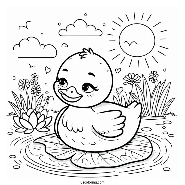 Peaceful Duck on Lily Pad in Pond Coloring Sheet For Preschoolers