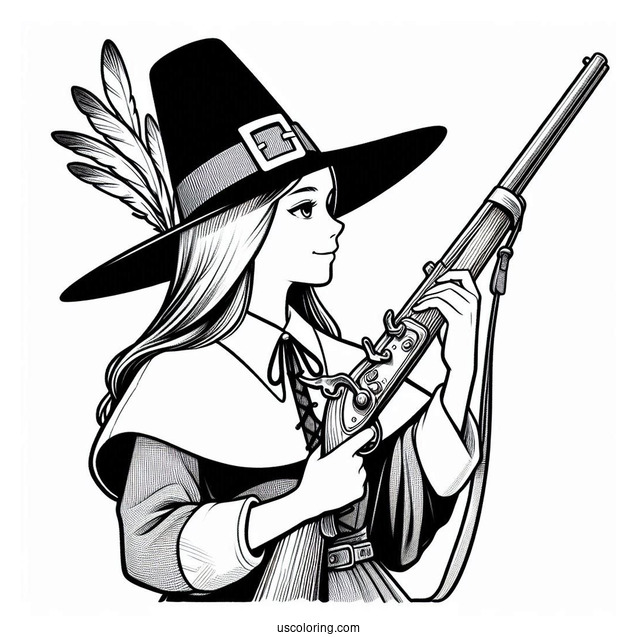 Simple Pilgrim Coloring Page With A Musket For Kids