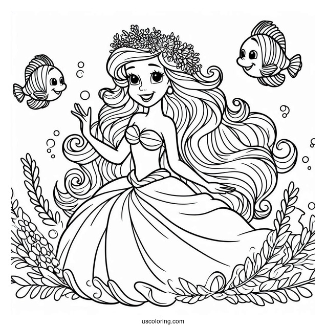 Princess Coloring Page Of Human Princess Ariel With Flounders
