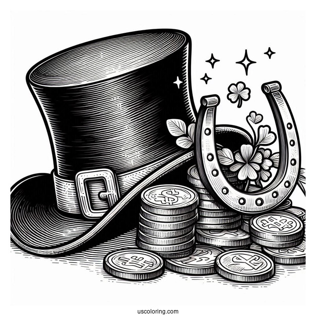 St Patrick_s Hat With Gold Coins And Horseshoe To Color