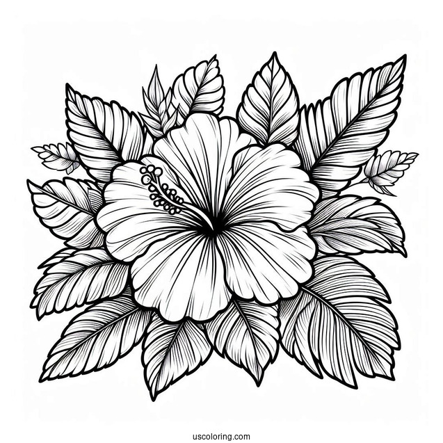 Flower Coloring Pages Of Large Hibiscus Among Leaves