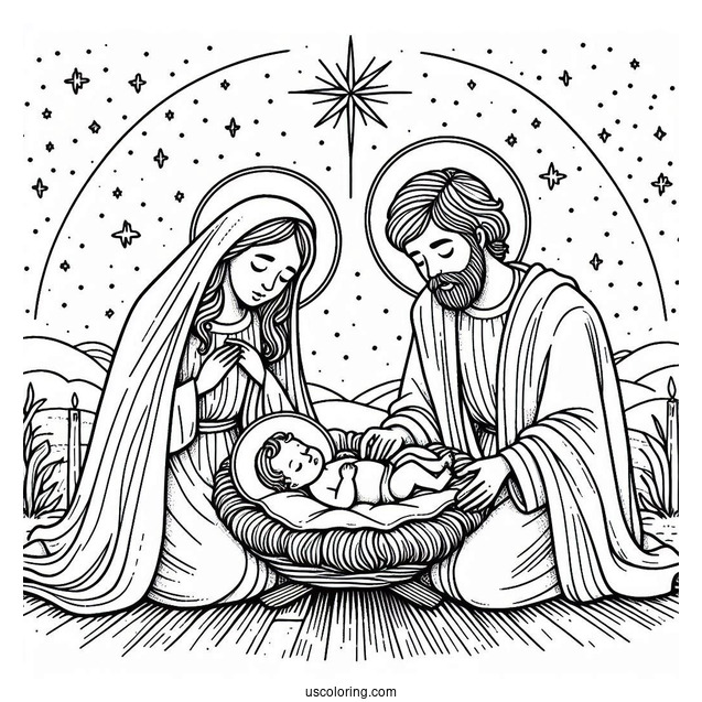 Nativity Coloring Page Of Mary And Joseph Watching Over Newborn Jesus Nativity