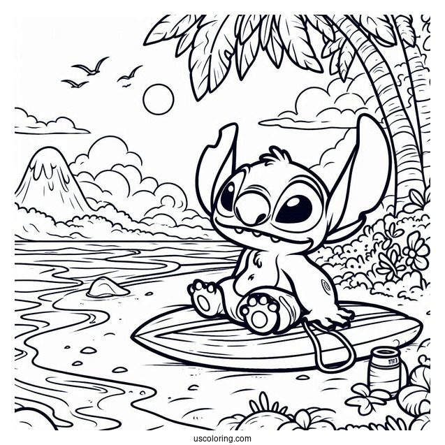Lilo & Stitch Coloring Page Of David At The Beach With His Surfboard