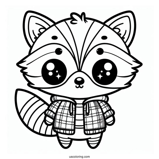 Kawaii Raccoon In A Plaid Jacket Coloring Sheet