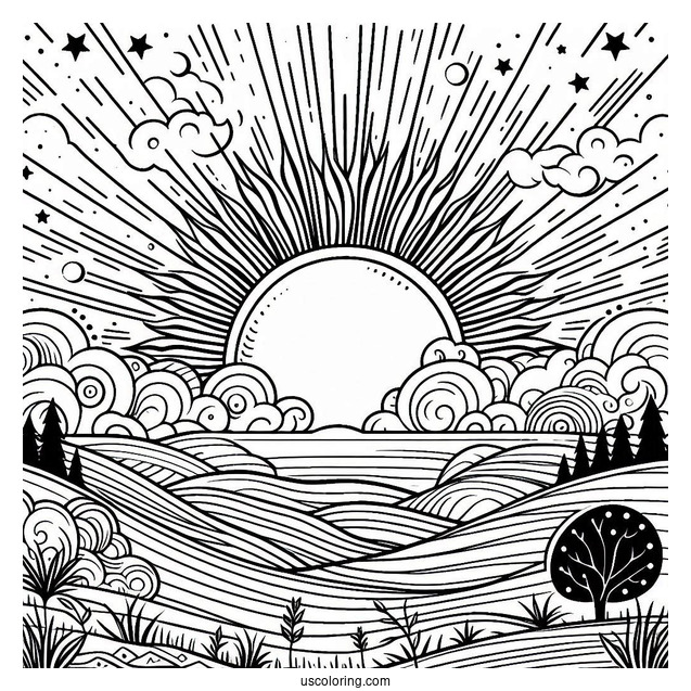 Sun Rising Over The Horizon Coloring Sheet For Kids