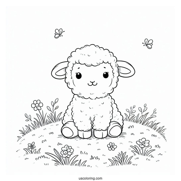 Happy Baby Lamb Sitting In Field Coloring