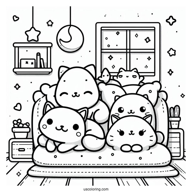 Kawaii Little Animals Resting In A Room Coloring Sheet