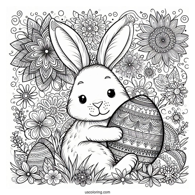 Bunny Holding Easter Egg In Front Of Flower Mandala