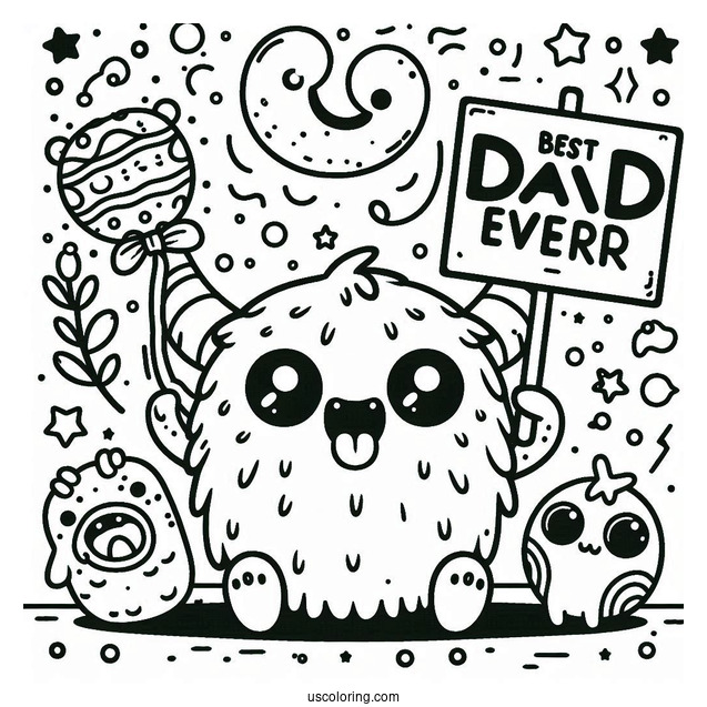 Father's Day Coloring Page Of Kawaii Monster With Best Dad Ever Sign For Kids