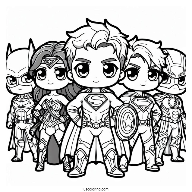 Chibi Justice League Coloring Page Of Heroes For Kids