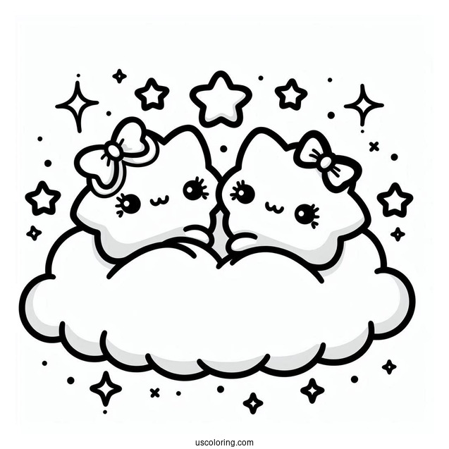 Kawaii Little Twin Stars On A Cloud Coloring Sheet
