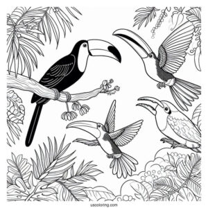Toucans And Hummingbirds In The Jungle Coloring Page