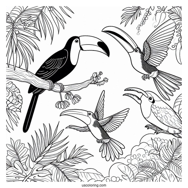 Toucans And Hummingbirds In The Jungle Coloring Page