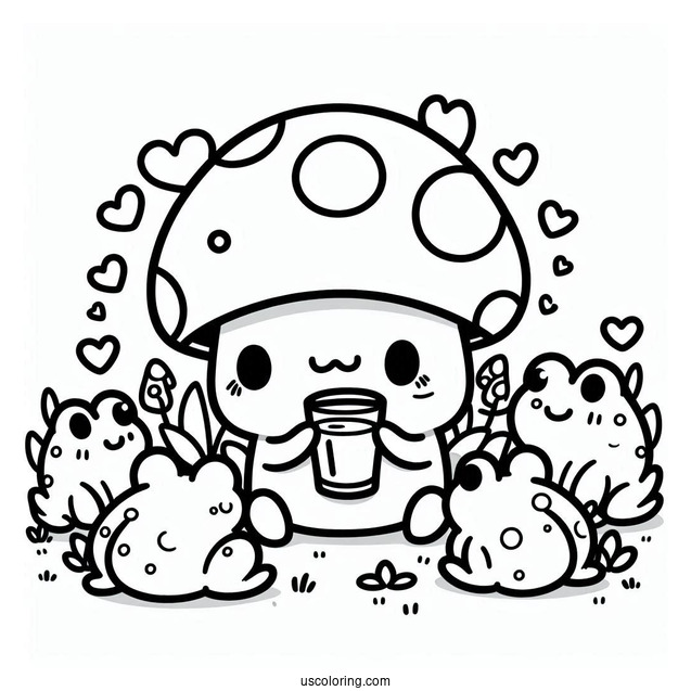 Cute Coloring Page Of Cartoon Mushroom Drinking While Surrounded By Frogs
