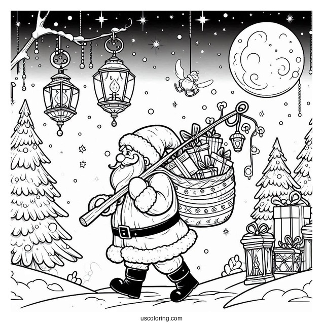 Santa Carrying Christmas Presents And Lanterns In The North Pole Coloring Page