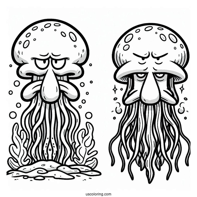 Jellyfish Scaring Squidward Coloring Page