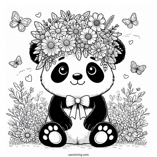 Cute Panda Coloring Page Sitting with Giant Floral Crown in a Meadow