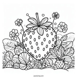 Strawberry Coloring Page In A Garden For Kids