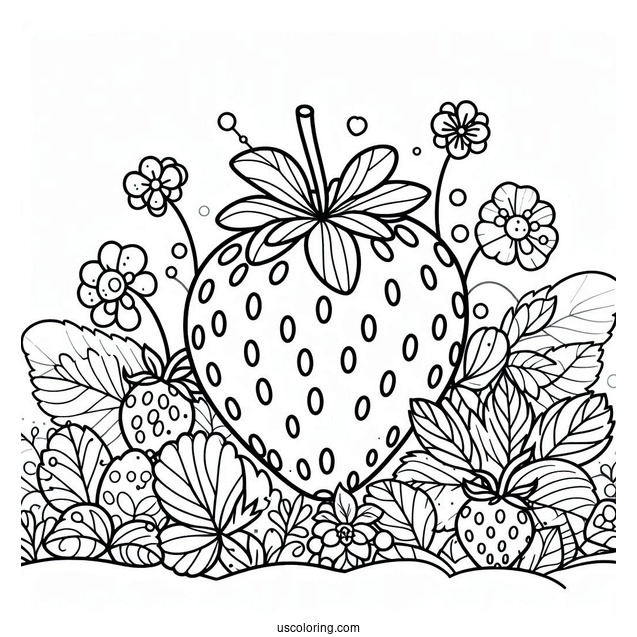 Strawberry Coloring Page In A Garden For Kids
