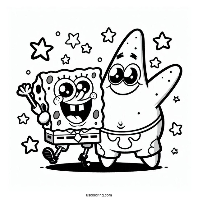 Happy SpongeBob And Patrick Star Coloring Page With Arms Around One Another