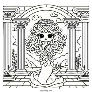 Cute Cartoon Medusa Coloring Page Standing Inside Temple