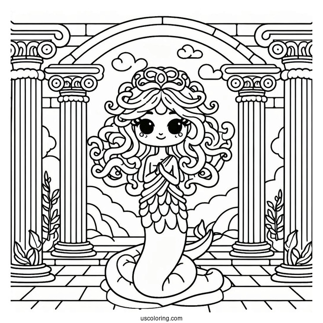 Cute Cartoon Medusa Coloring Page Standing Inside Temple