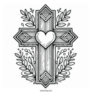 Cross Coloring Page With Love Heart For Preschoolers