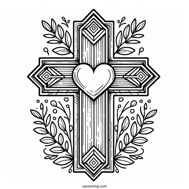 Cross Coloring Page With Love Heart For Preschoolers