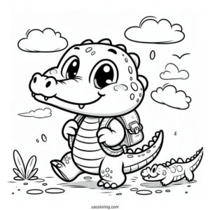 Crocodile Cartoon Character Going To School