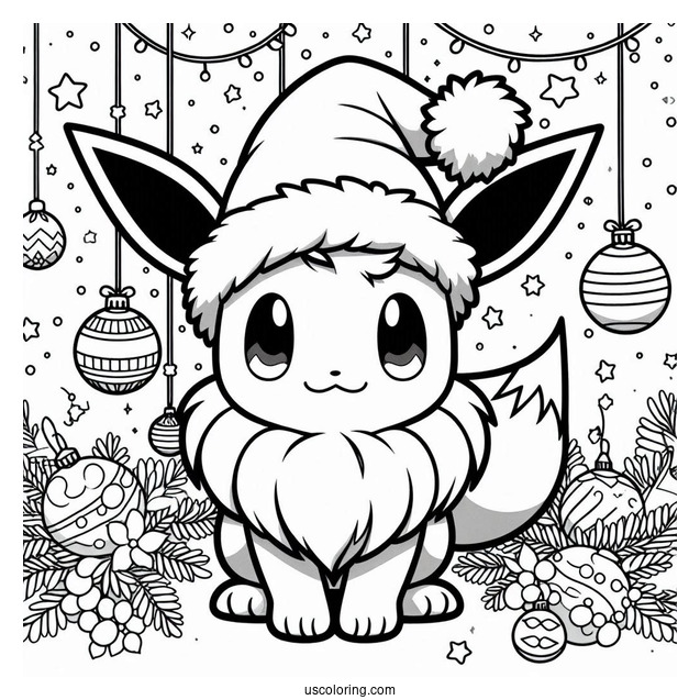 Pokemon Christmas Coloring Page Eevee Wearing Santa Hat With Christmas Baubles In The Background