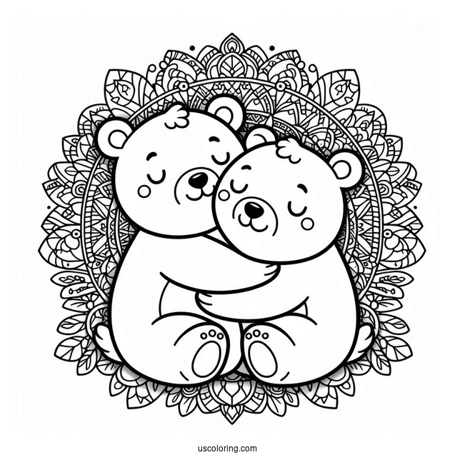 Two Cartoon Bear Coloring Page Hugging In Front Of Mandala
