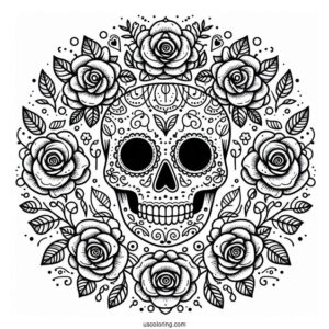 Smiling Sugar Skull Coloring Page Rose Wreath With Leaf Patterns