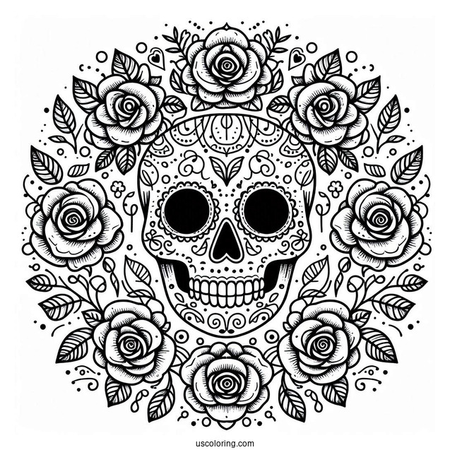 Smiling Sugar Skull Coloring Page Rose Wreath With Leaf Patterns