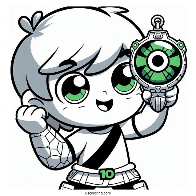 Ben 10 Coloring Page Of Kawaii Ben Ten Holding Up Omnitrix For Preschoolers