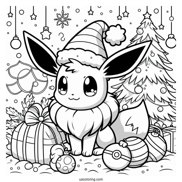 Pokemon Christmas Coloring Page Cute Eevee With Baubles In The Background Pokemon Christmas