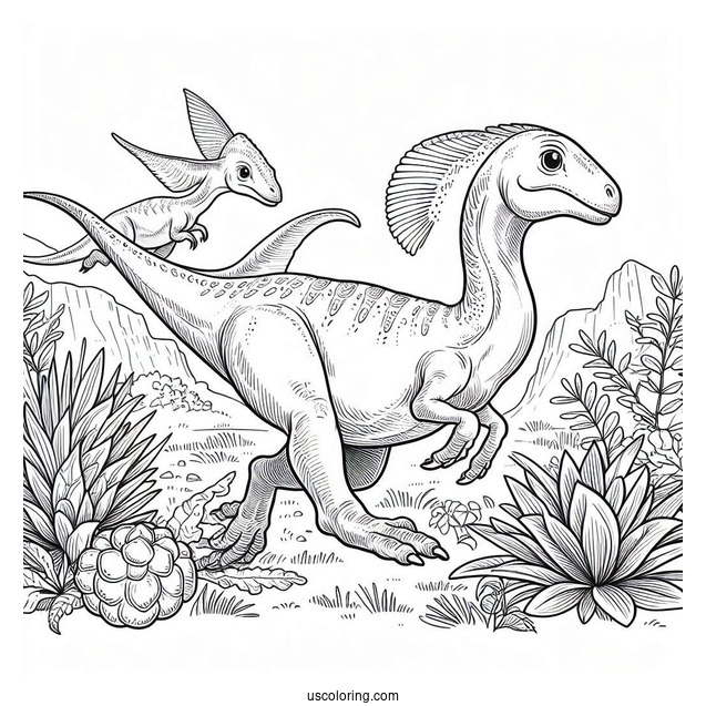 Young Parasaurolophus Coloring Page Running With Other Dinosaurs