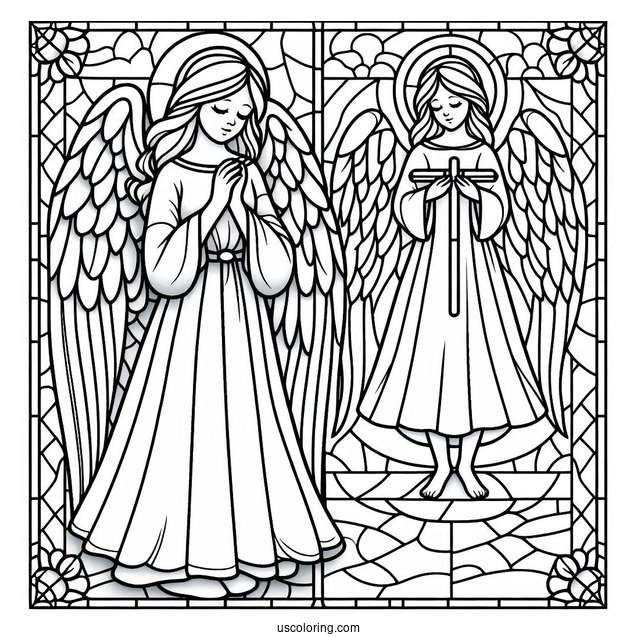 Angel Standing In Front Of A Cross Stained Glass Coloring Page