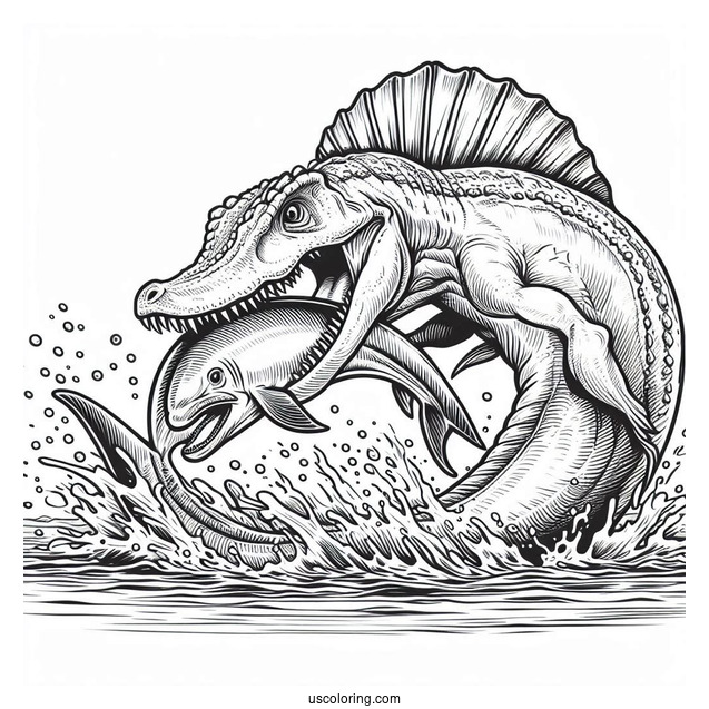 Spinosaurus Coloring Page Biting A River Dolphin