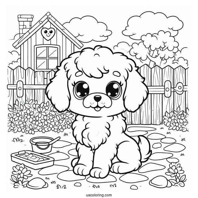 Coloring Sheet Of Cartoon Puppy In Backyard