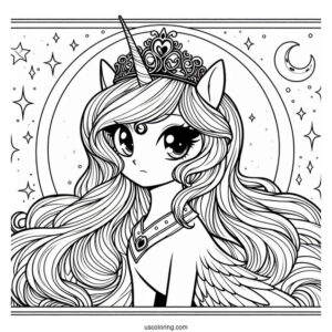 Princess Luna Coloring Page Wearing Crown With Starry Background