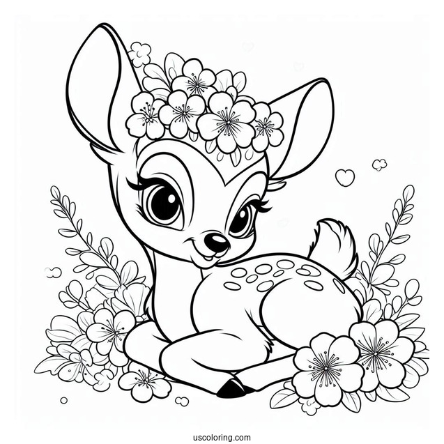 Smiling Bambi, Blossom, And Flower Coloring In For Kids v2