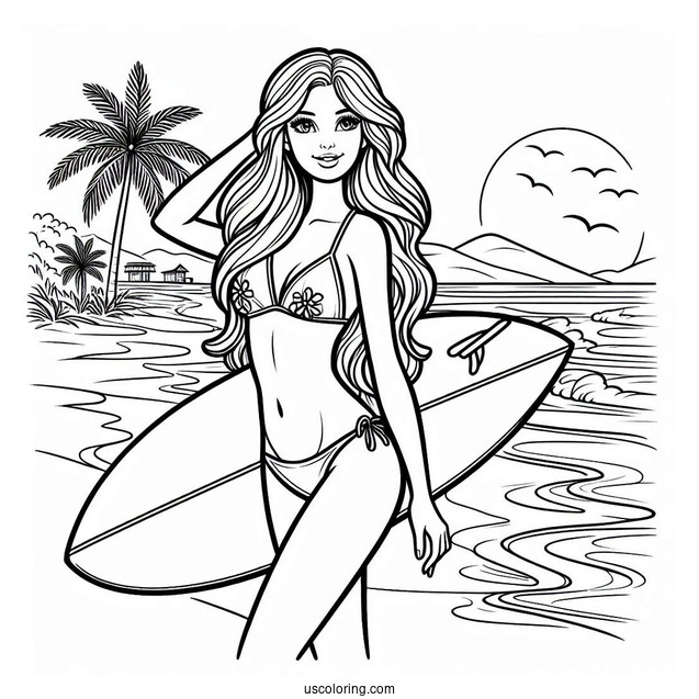 Surfer Barbie At Beach To Color