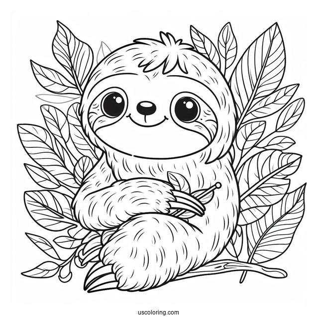 Happy Sloth Sitting On Leaves