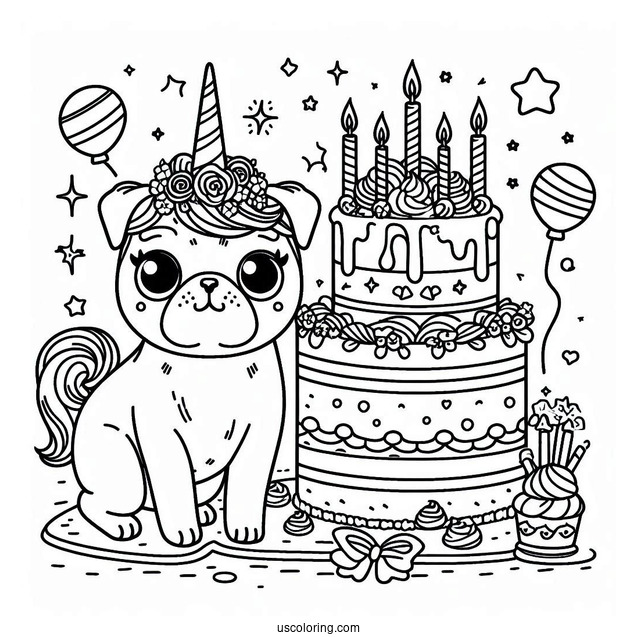 Unicorn Pug Themed Birthday Cake To Color