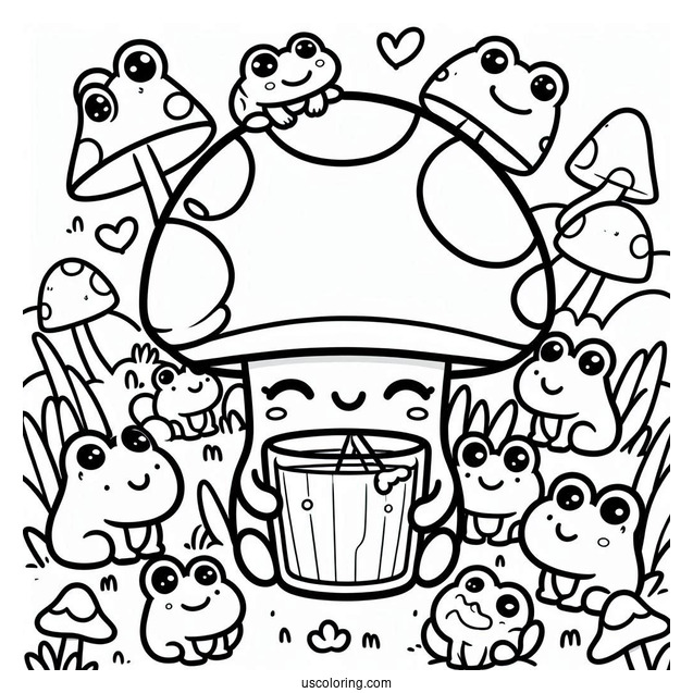 Cute Coloring Page Of Cartoon Mushroom Drinking While Surrounded By Frogs
