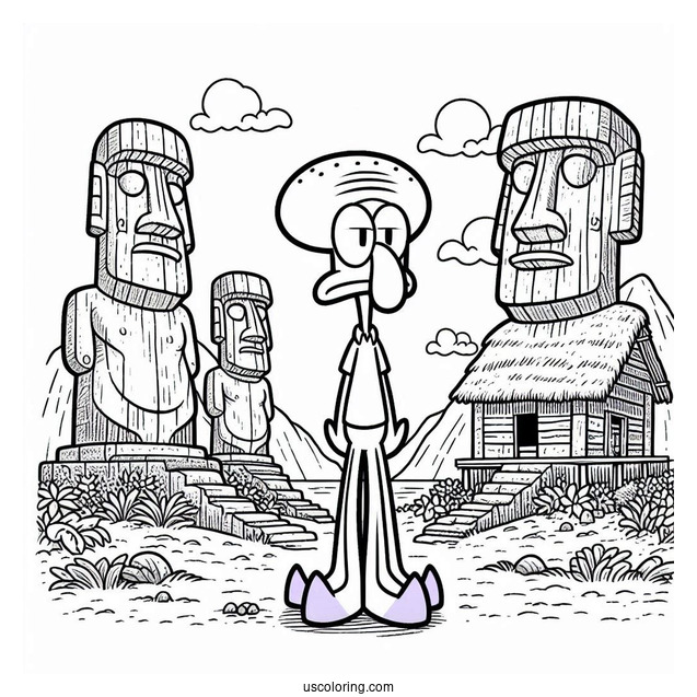 Squidward Coloring Page Standing In Front Of Moai House