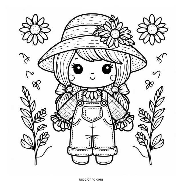 Cute Scarecrow Coloring Page With Hat And Overalls For Kids