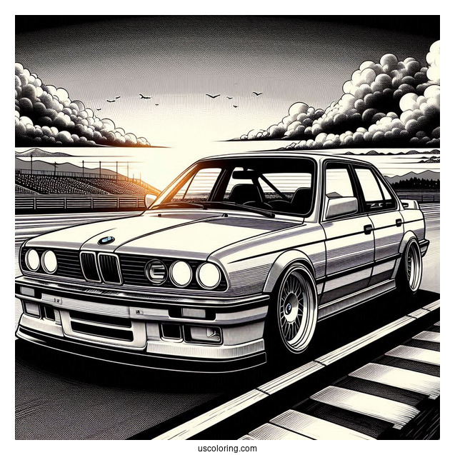 Detailed 3 Series (E30) BMW Coloring Page On Race Track At Sunset