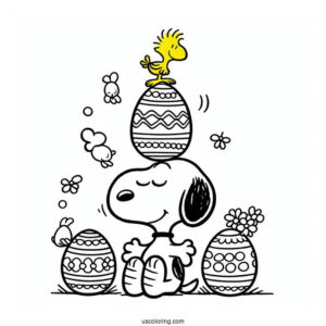 Easter Coloring Page Of Snoopy Balancing Easter Eggs With Woodstock On Top